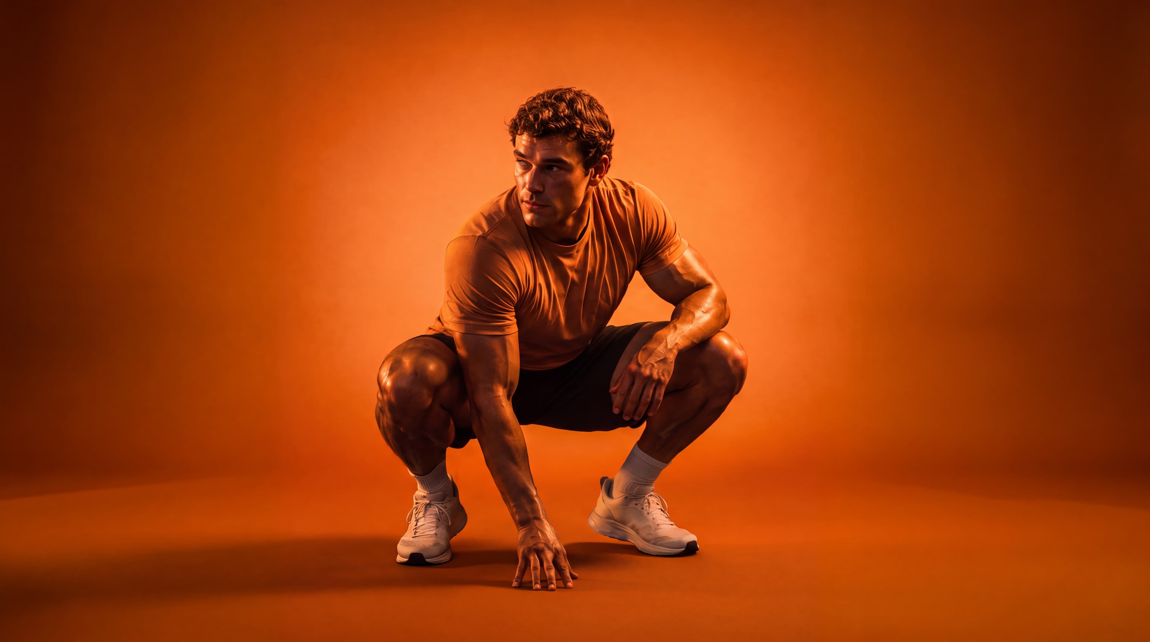 Man in an orange shirt leaning into a sprint