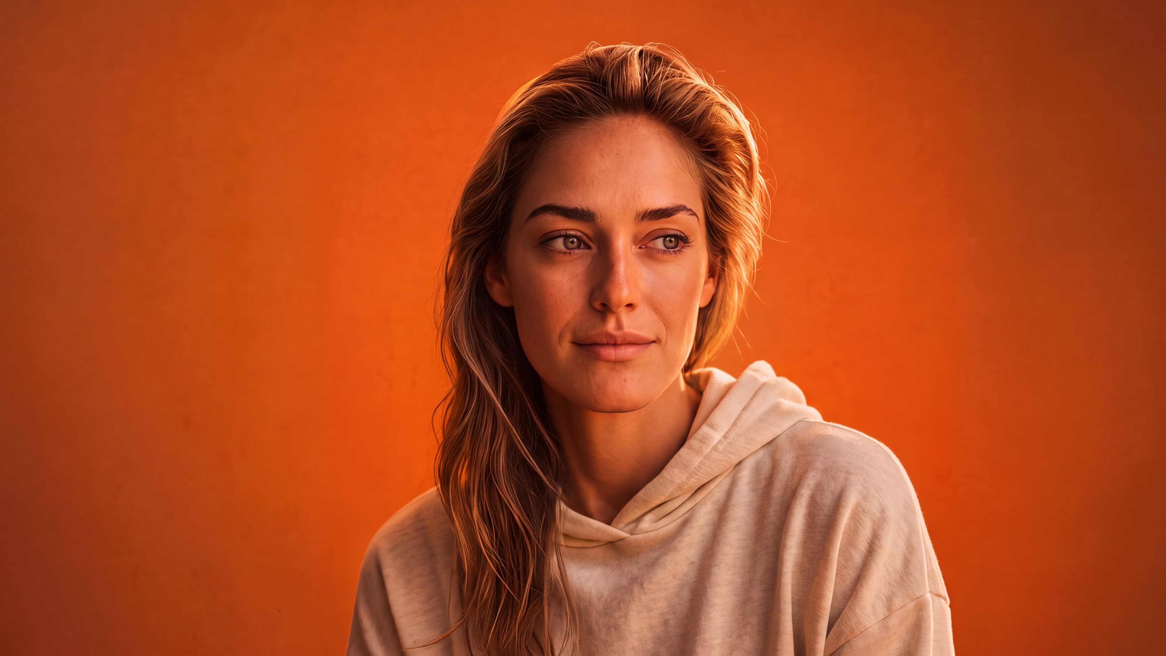 Woman with long hair looking aside against deep orange